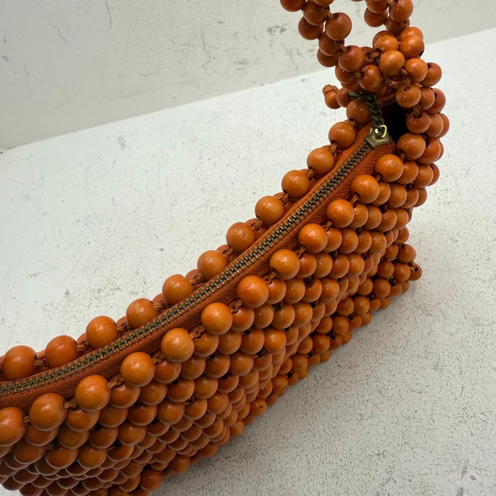 VTG 60s A Sarne Import Japan Made Wood Bead Shoulder Bag Atomic Orange Retro - Picture 5 of 10